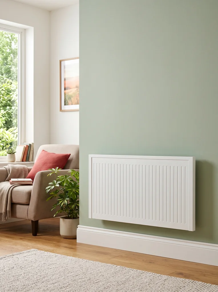 A slim white NEOS electric radiator on the same living room wall