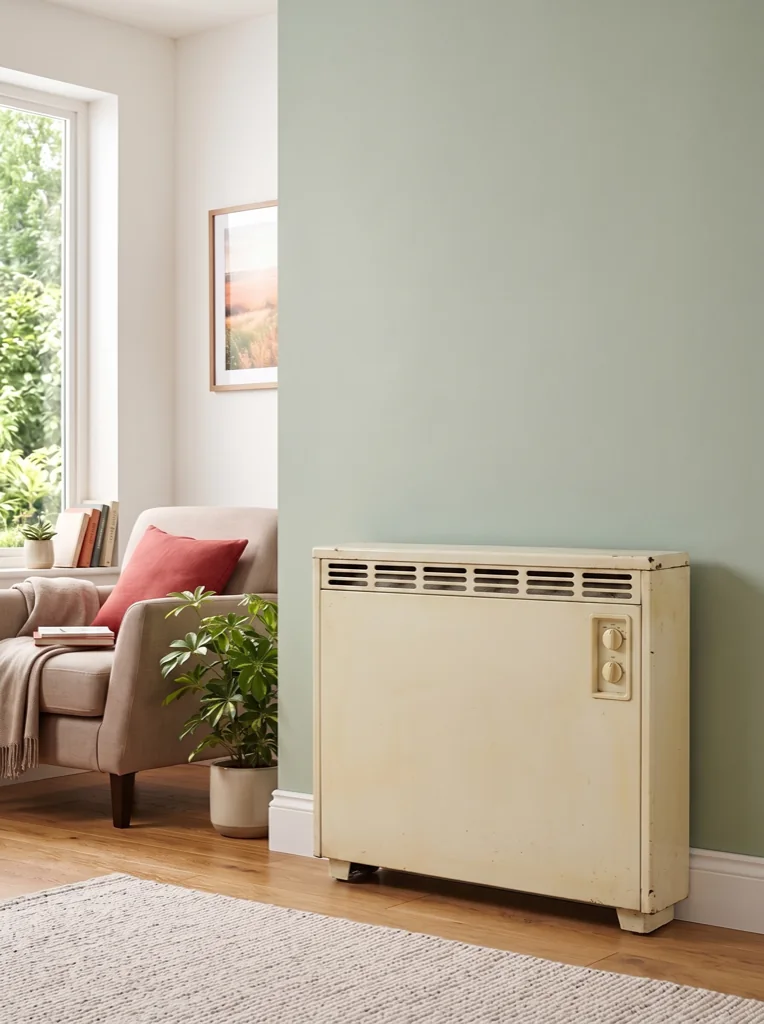 A bulky old storage heater in a bright living room with a sage green wall