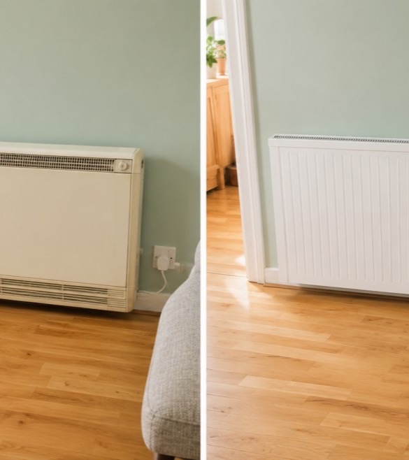 An old storage heater fitted on a living room wall